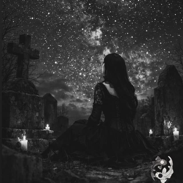 Uma gótica, um céu estrelado e um cemitério
